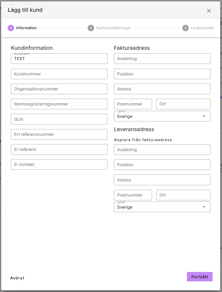 Kundinformation med faktura och leveransadress
